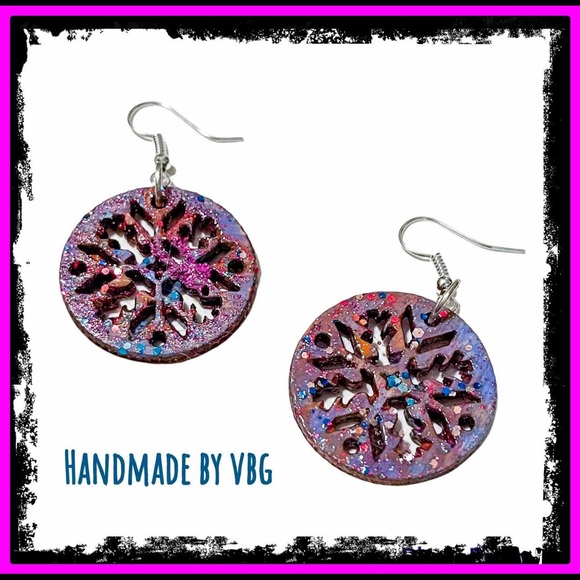 New Artisan & Hand Painted Blue Sparkly Round Snowflake Sterling Silver Earrings - Picture 7 of 7
